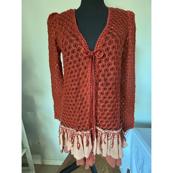 ANTHROPOLOGIE A’reve rust crochet cut out cardigan w tie front - Picture 7 of 10